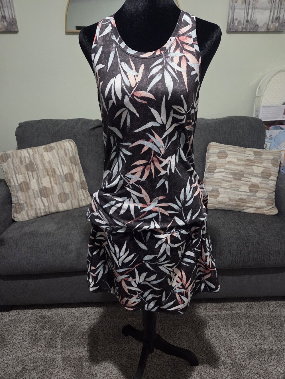 Black Floral Leaf Tank with Pink and White Accents And Skirt